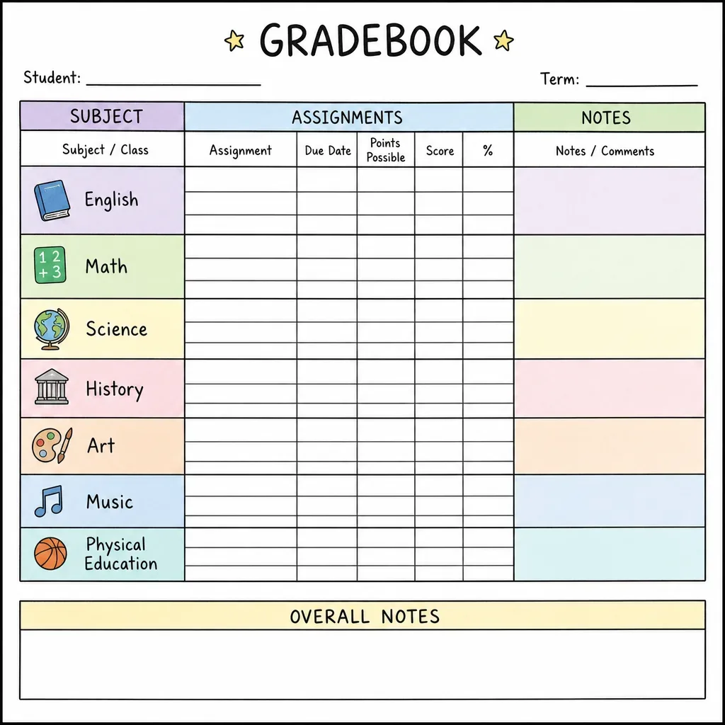 A printable homeschool gradebook template with subjects, assignments, and notes